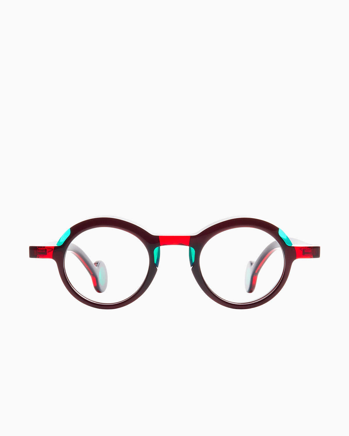 red plastic oval eyeglasses by Theo model Jackson, front view, lunettes de vue ovale couleur rouge