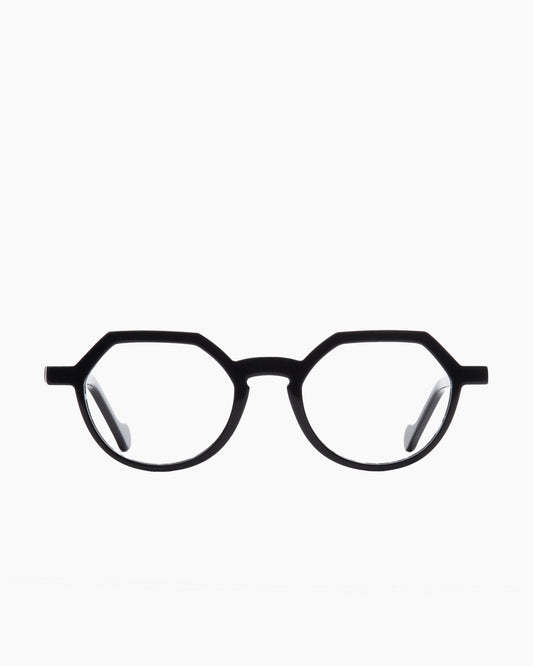black plastic round eyeglasses by Anne et Valentin model ayo, front view, lunettes de vue rond couleur noir