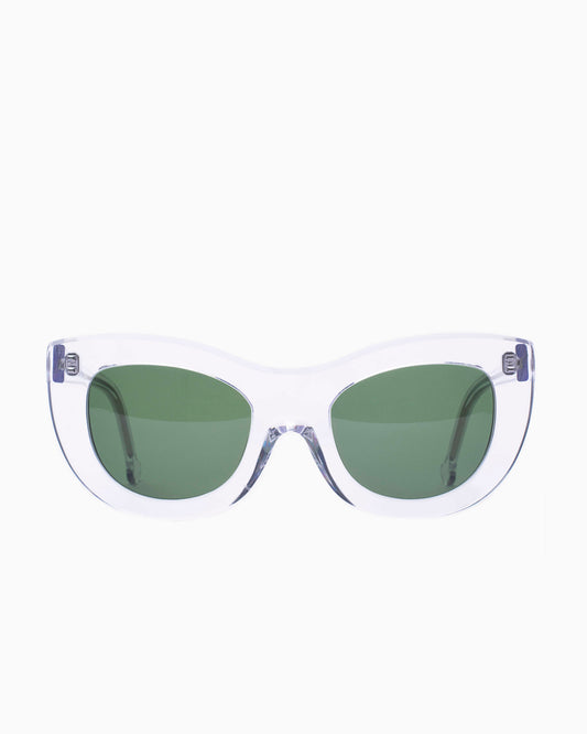 crystal plastic cat  sunglassesby Marie-Sophie Dion model YounanSun, front view, lunettes de vue chat couleur cristal