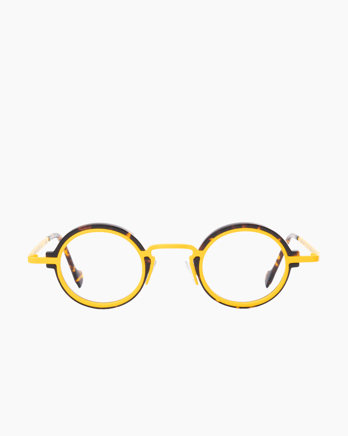 yellow metal round eyeglasses by Anne et Valentin model M1, front view, lunettes de vue rond couleur jaune