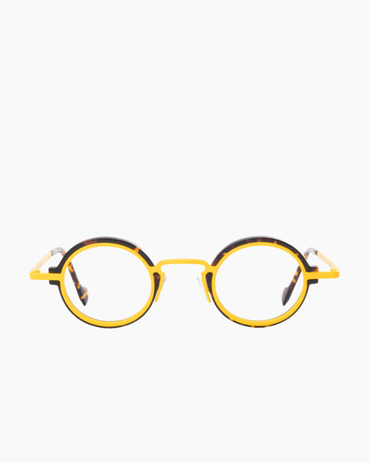 yellow metal round eyeglasses by Anne et Valentin model M1, front view, lunettes de vue rond couleur jaune