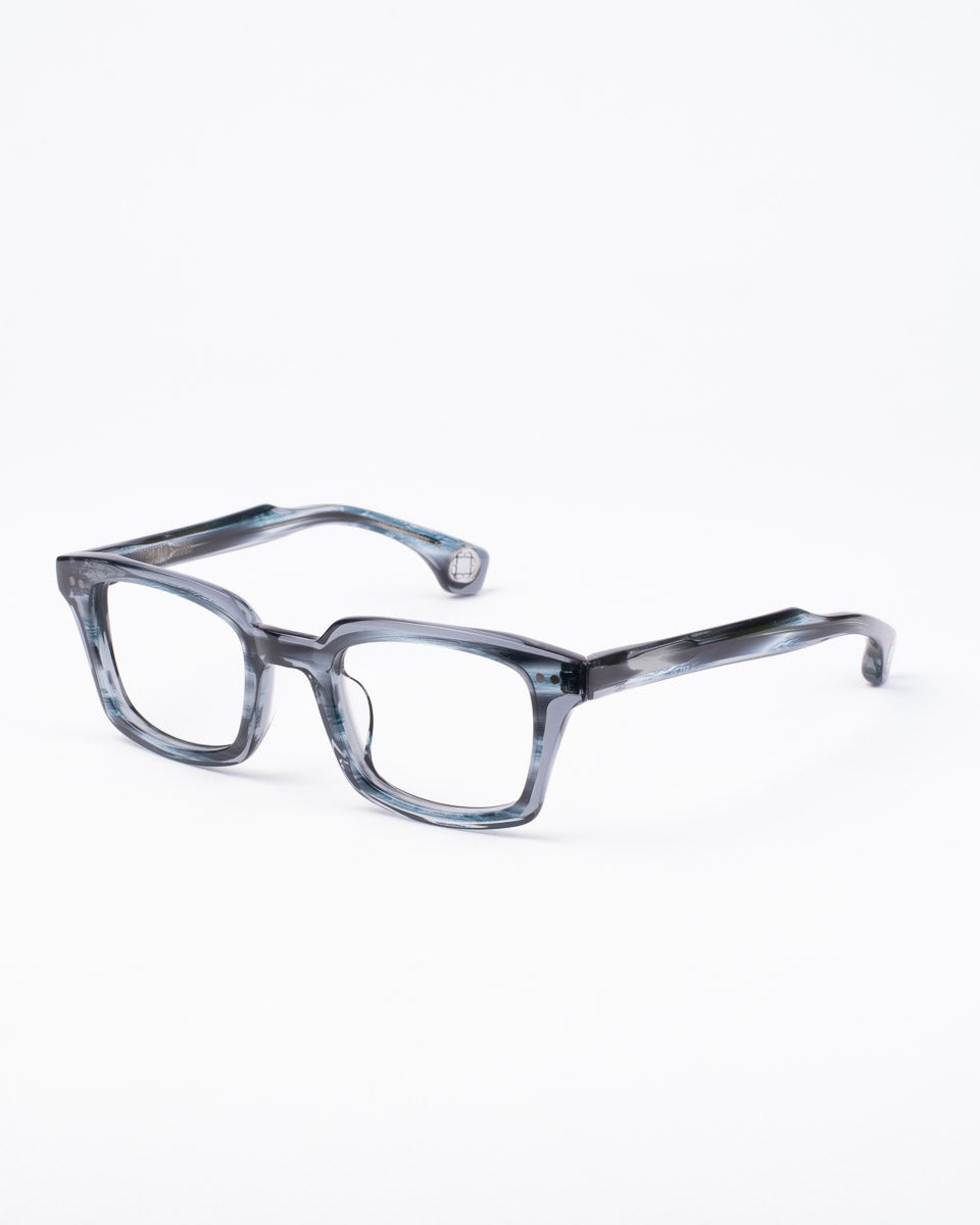 blue plastic rectangle eyeglasses by Blake Kuwahara model Nelson, front view, lunettes de vue rectangle couleur Bleu