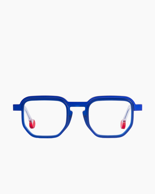 blue plastic rectangle eyeglasses by Anne et Valentin model Metrik, front view, lunettes de vue rectangle couleur Bleu