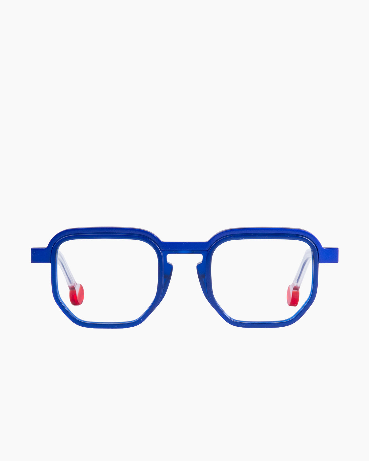 blue plastic rectangle eyeglasses by Anne et Valentin model Metrik, front view, lunettes de vue rectangle couleur Bleu