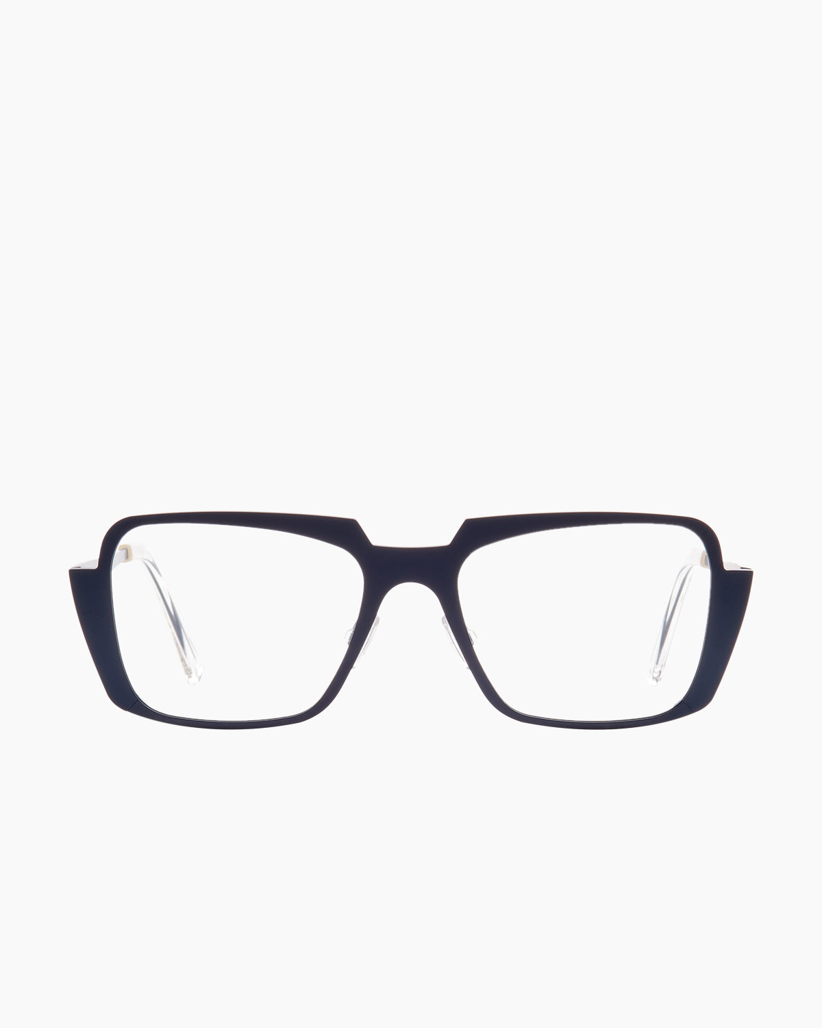 blue metal rectangle eyeglasses by Theo model Demain, front view, lunettes de vue rectangle couleur bleu