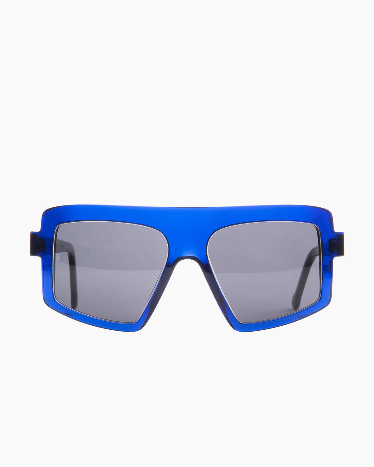 blue plastic rectangle  sunglassesby Marie-Sophie Dion model Larochelière, front view, lunettes de vue rectangle couleur bleu