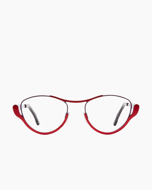red metal cat eyeglasses by Theo model Jump, front view, lunettes de vue chat couleur rouge