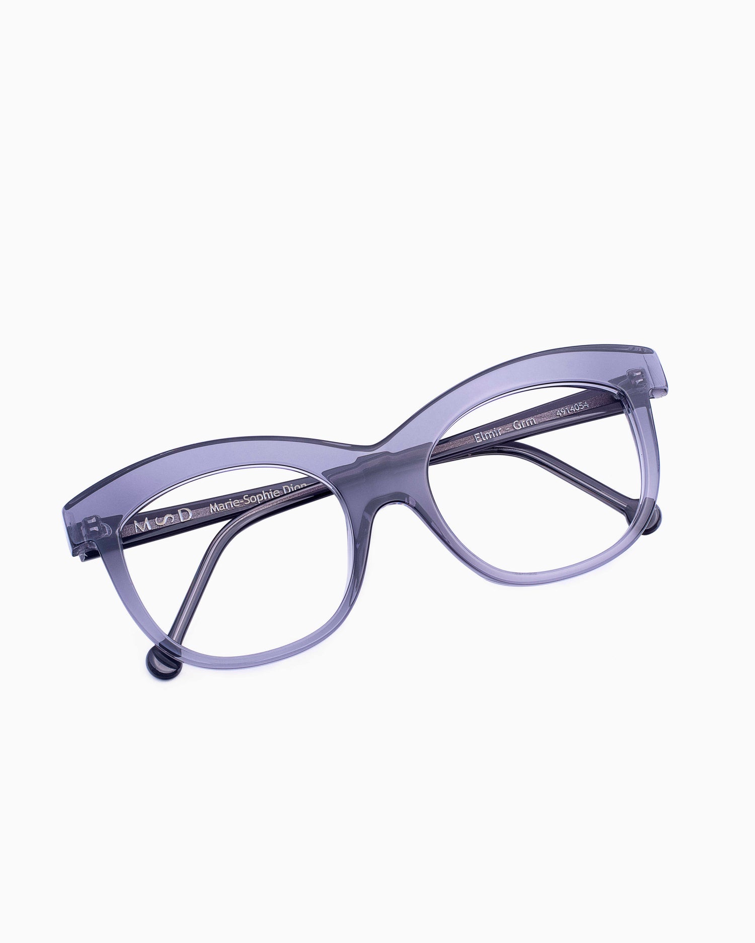 grey plastic butterfly eyeglasses by Marie-Sophie Dion model Elmir, front view, lunettes de vue papillon couleur Gris