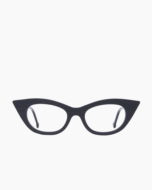 black plastic cat eyeglasses by Marie-Sophie Dion model Chatelier, front view, lunettes de vue chat couleur Noir