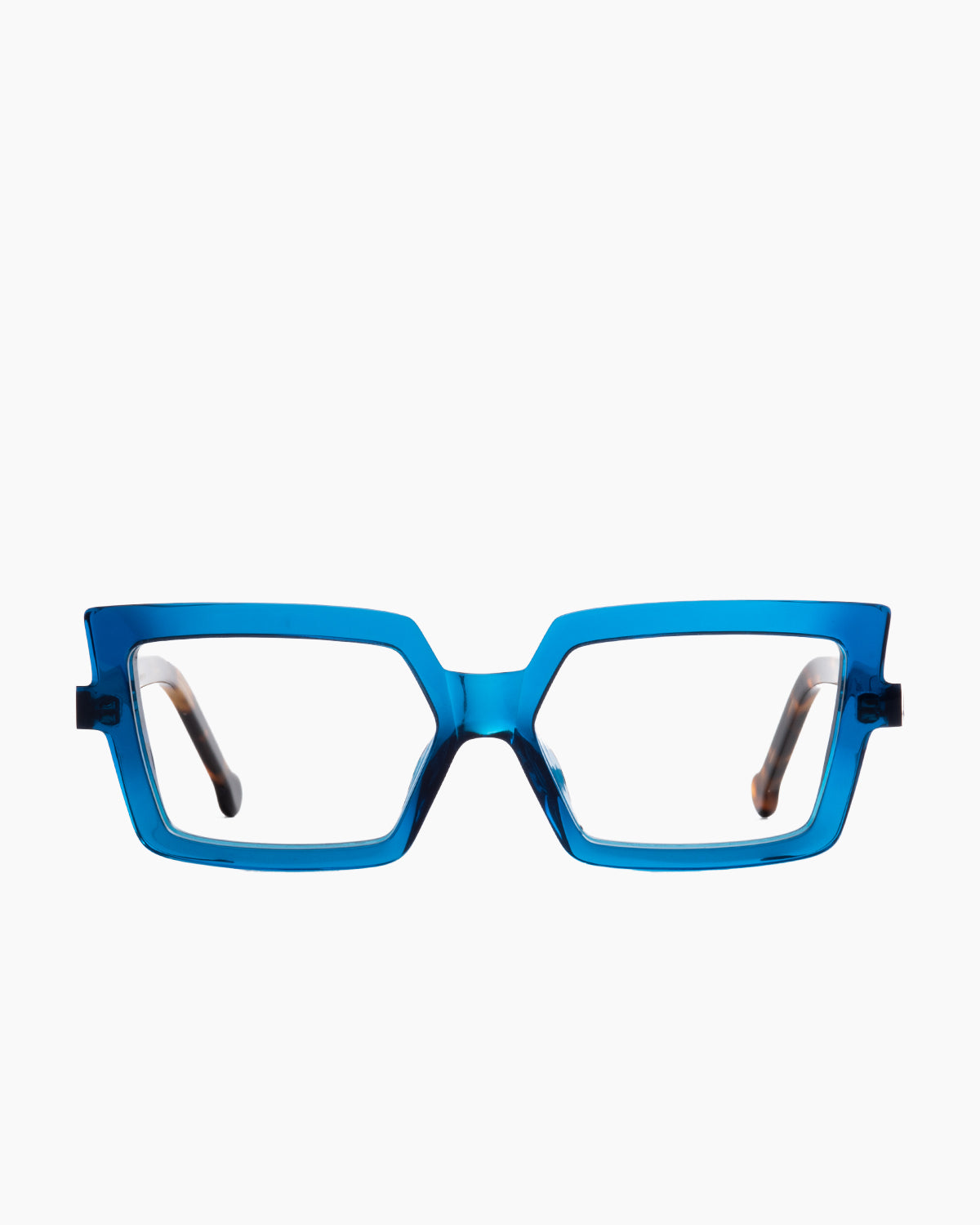 blue plastic cat eyeglasses by Marie-Sophie Dion model Daniel, front view, lunettes de vue chat couleur bleu