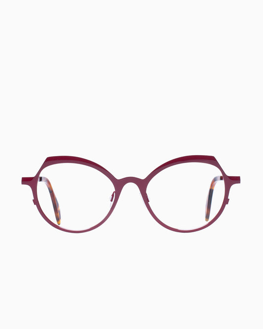 burgundy metal butterfly eyeglasses by Theo model Pendeloque, front view, lunettes de vue papillon couleur bourgogne