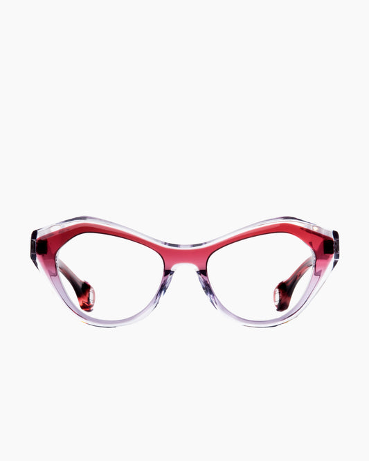 purple plastic butterfly eyeglasses by Blake Kuwahara model Valerio, front view, lunettes de vue papillon couleur violet