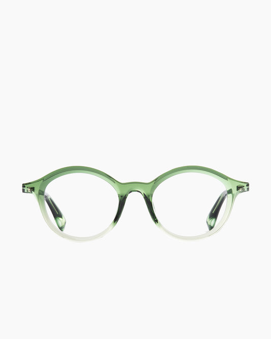 green plastic round eyeglasses by Theo model dagBreek, front view, lunettes de vue rond couleur vert