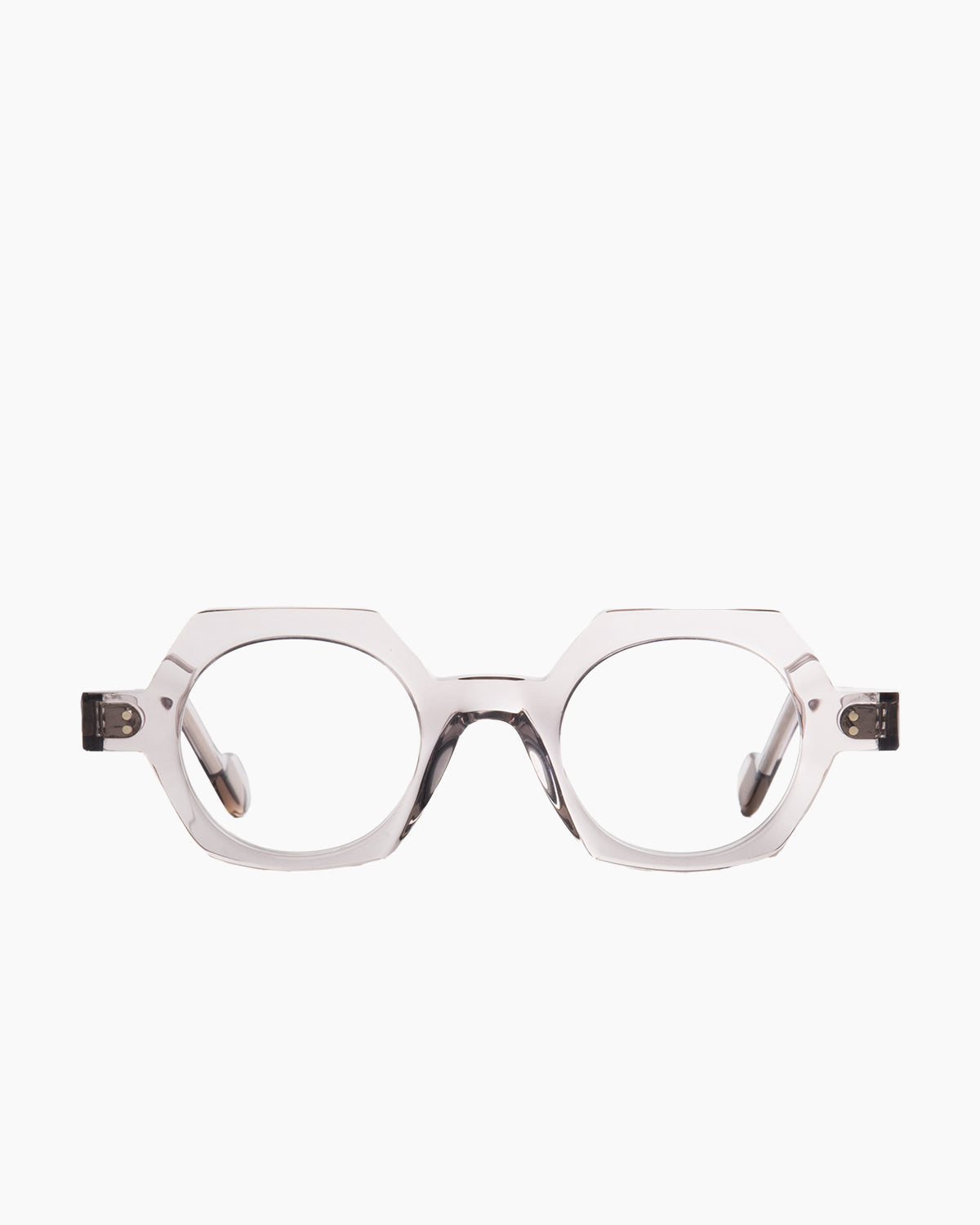 grey plastic hexagon eyeglasses by Anne et Valentin model DELPY, front view, lunettes de vue hexagone couleur gris