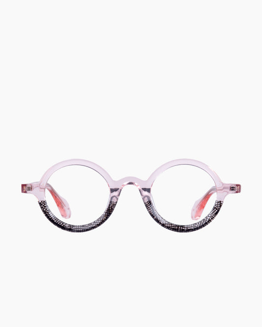 pink plastic round eyeglasses by Theo model mille+88, front view, lunettes de vue rond couleur Rose