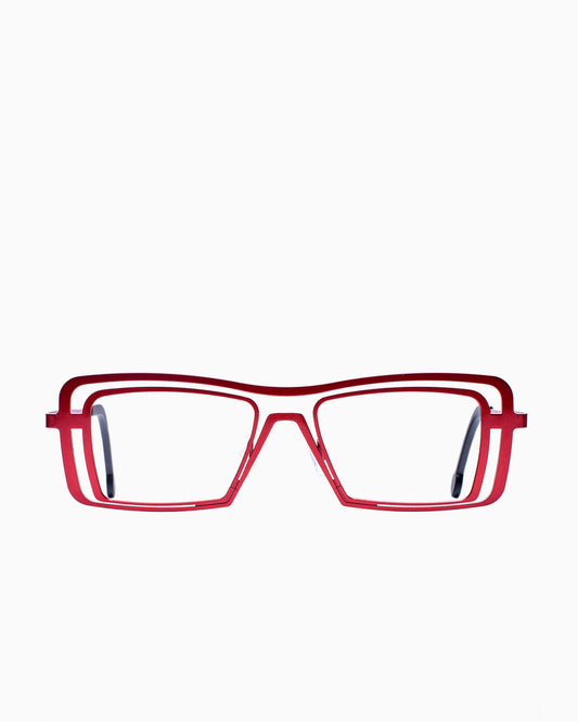 red metal rectangle eyeglasses by Theo model Gossip, front view, lunettes de vue rectangle couleur Rouge