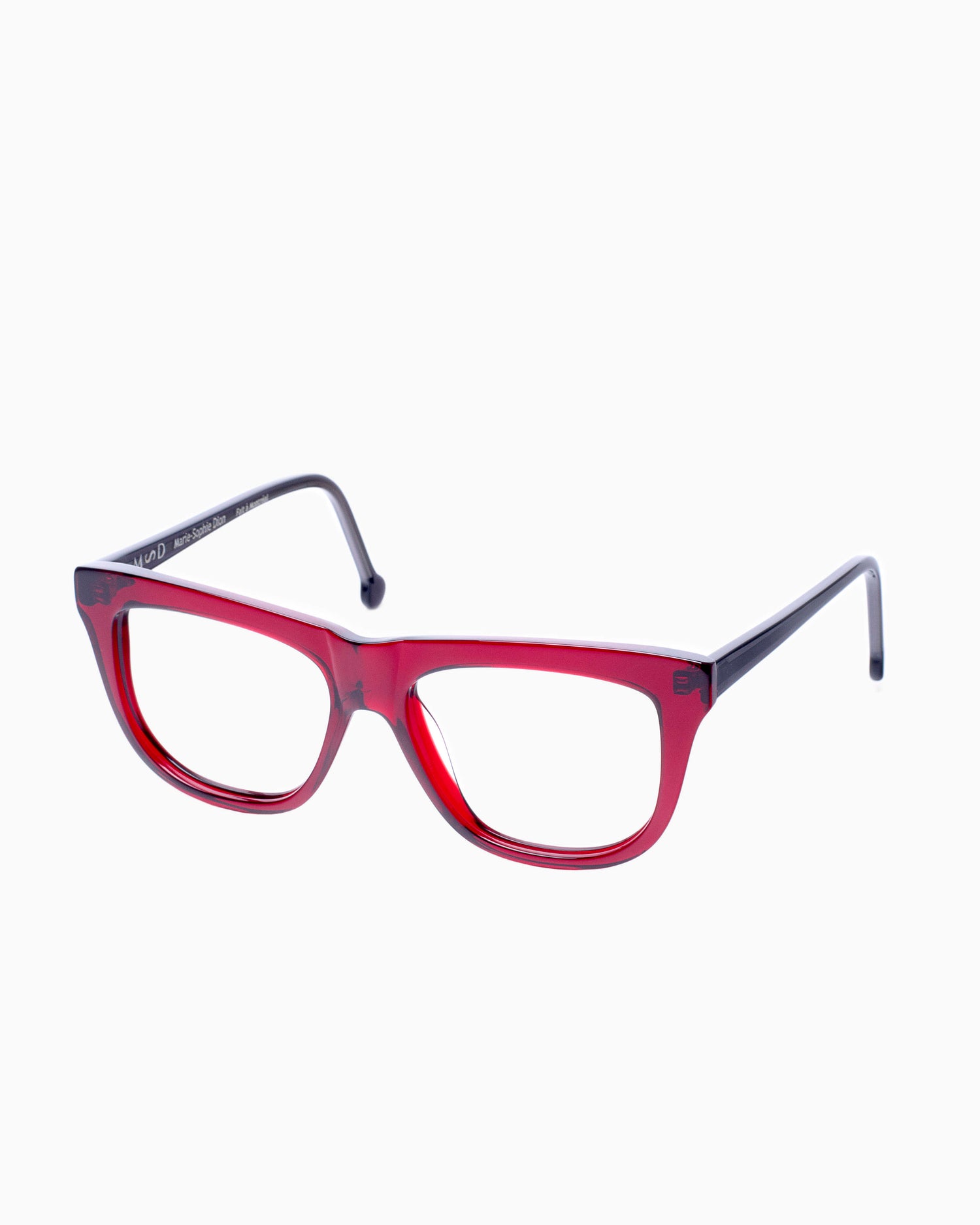 red plastic rectangle eyeglasses by Marie-Sophie Dion model Pepin, front view, lunettes de vue rectangle couleur bourgogne