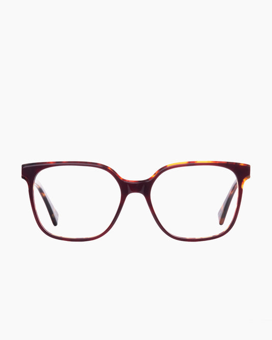 burgundy plastic rectangle eyeglasses by Evolve model Lauren, front view, lunettes de vue rectangle couleur bourgogne