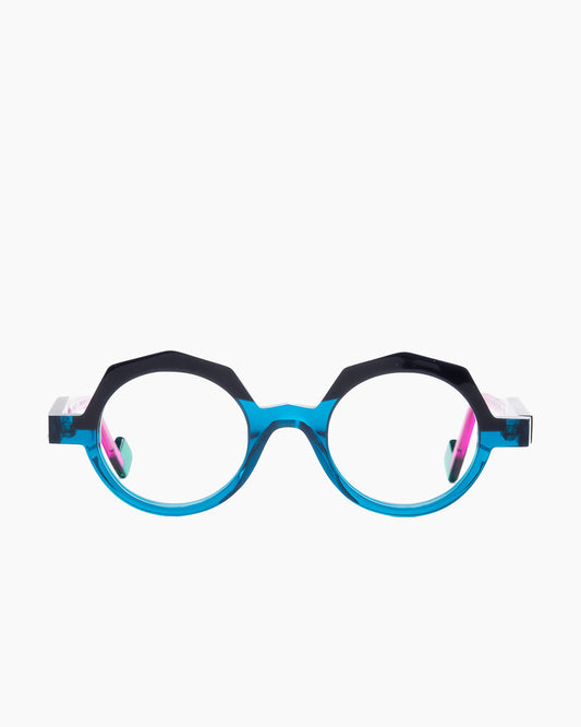 blue plastic round eyeglasses by Anne et Valentin model LOCK, front view, lunettes de vue rond couleur bleu