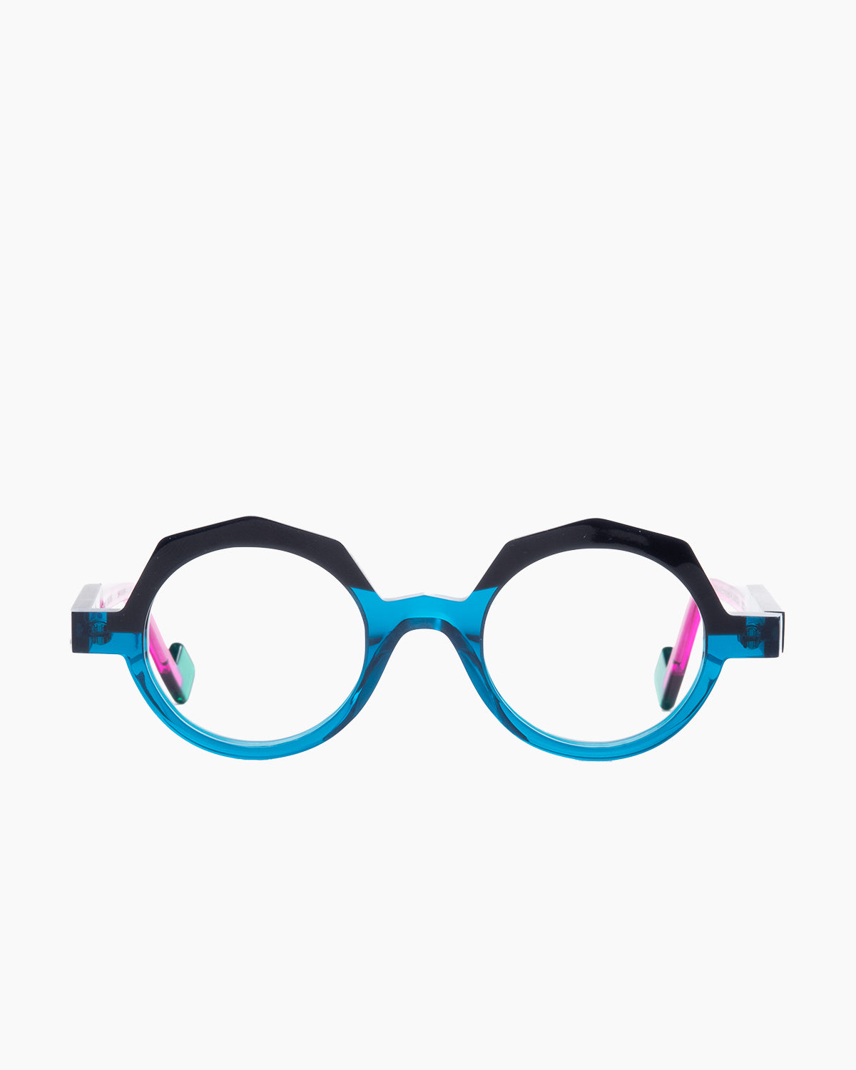 blue plastic round eyeglasses by Anne et Valentin model LOCK, front view, lunettes de vue rond couleur bleu