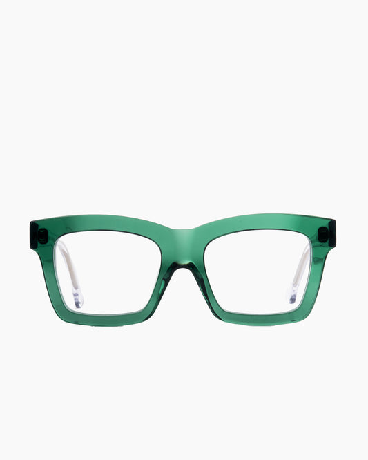 green plastic rectangle eyeglasses by Marie-Sophie Dion model Wellesley, front view, lunettes de vue rectangle couleur vert