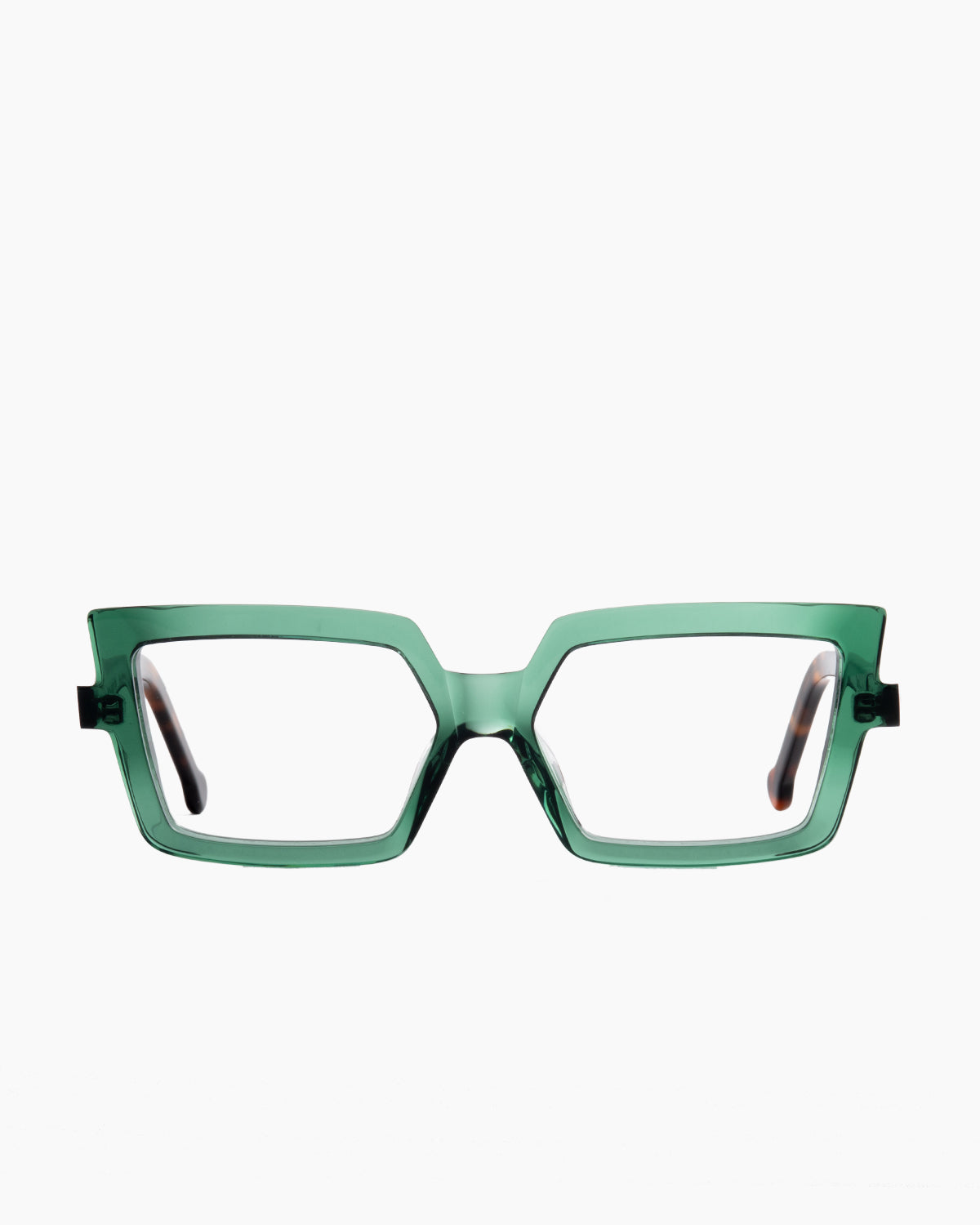 green plastic cat eyeglasses by Marie-Sophie Dion model Daniel, front view, lunettes de vue chat couleur vert