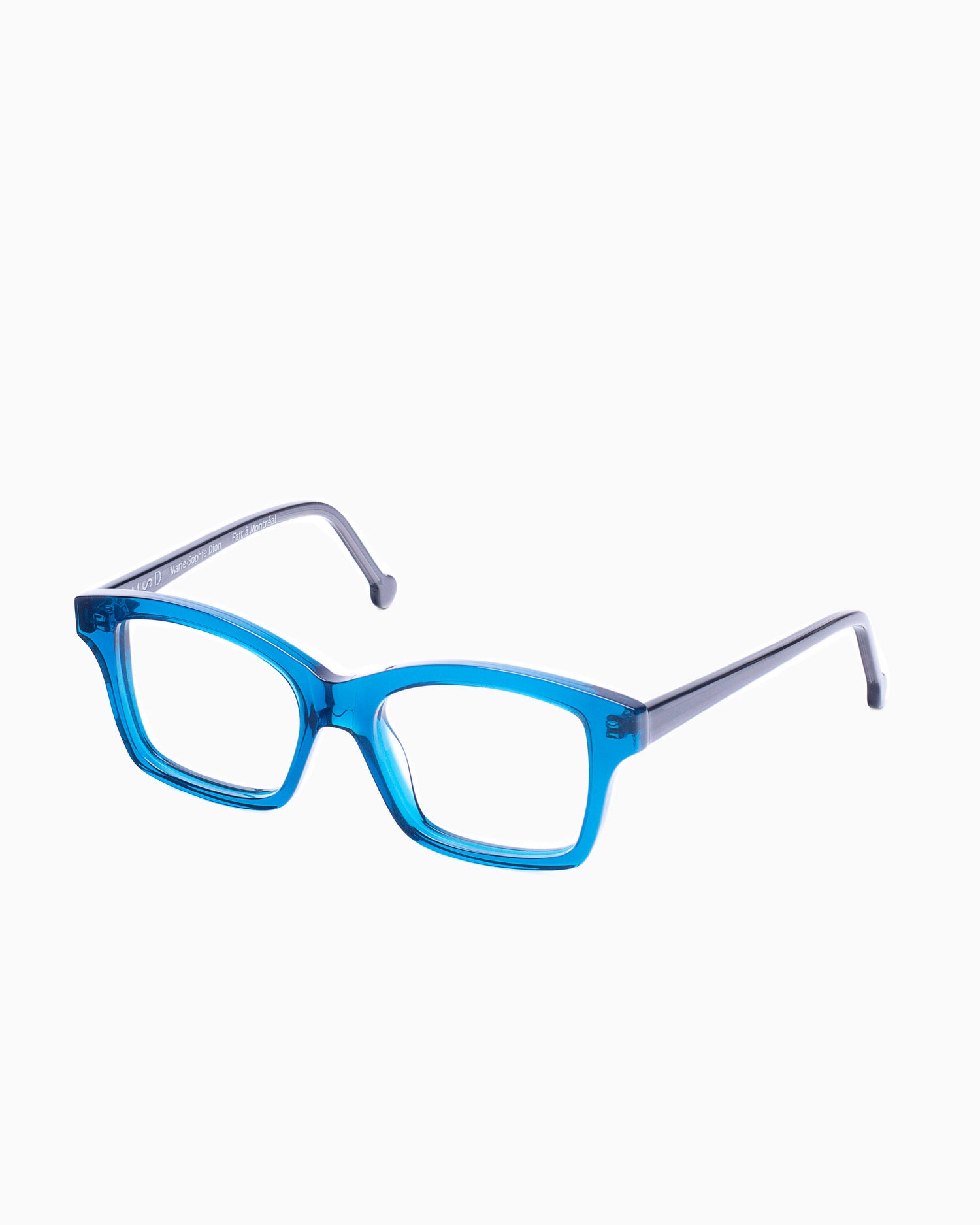 blue plastic butterfly eyeglasses by Marie-Sophie Dion model Giguere, front view, lunettes de vue papillon couleur Bleu