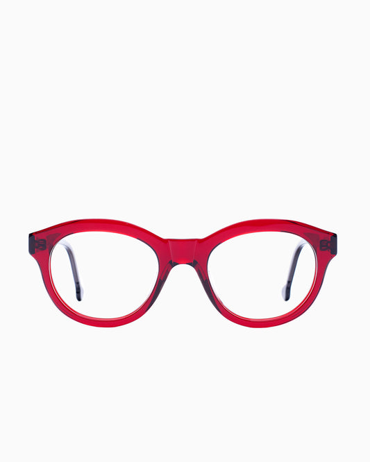 red plastic oval eyeglasses by Marie-Sophie Dion model Claus, front view, lunettes de vue ovale couleur bourgogne