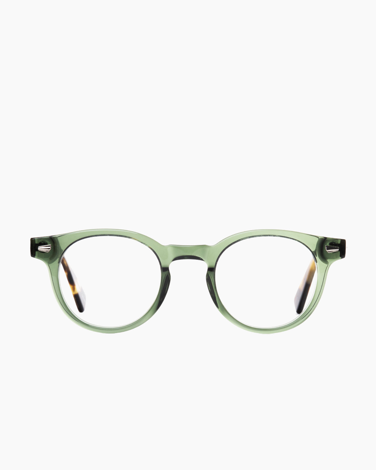 green plastic round eyeglasses by Evolve model drew, front view, lunettes de vue rond couleur vert