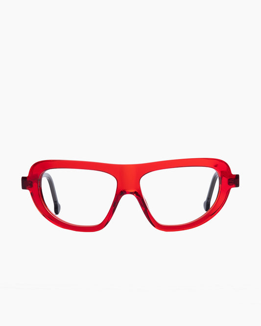 red plastic aviator eyeglasses by Marie-Sophie Dion model Lama, front view, lunettes de vue aviateur couleur rouge