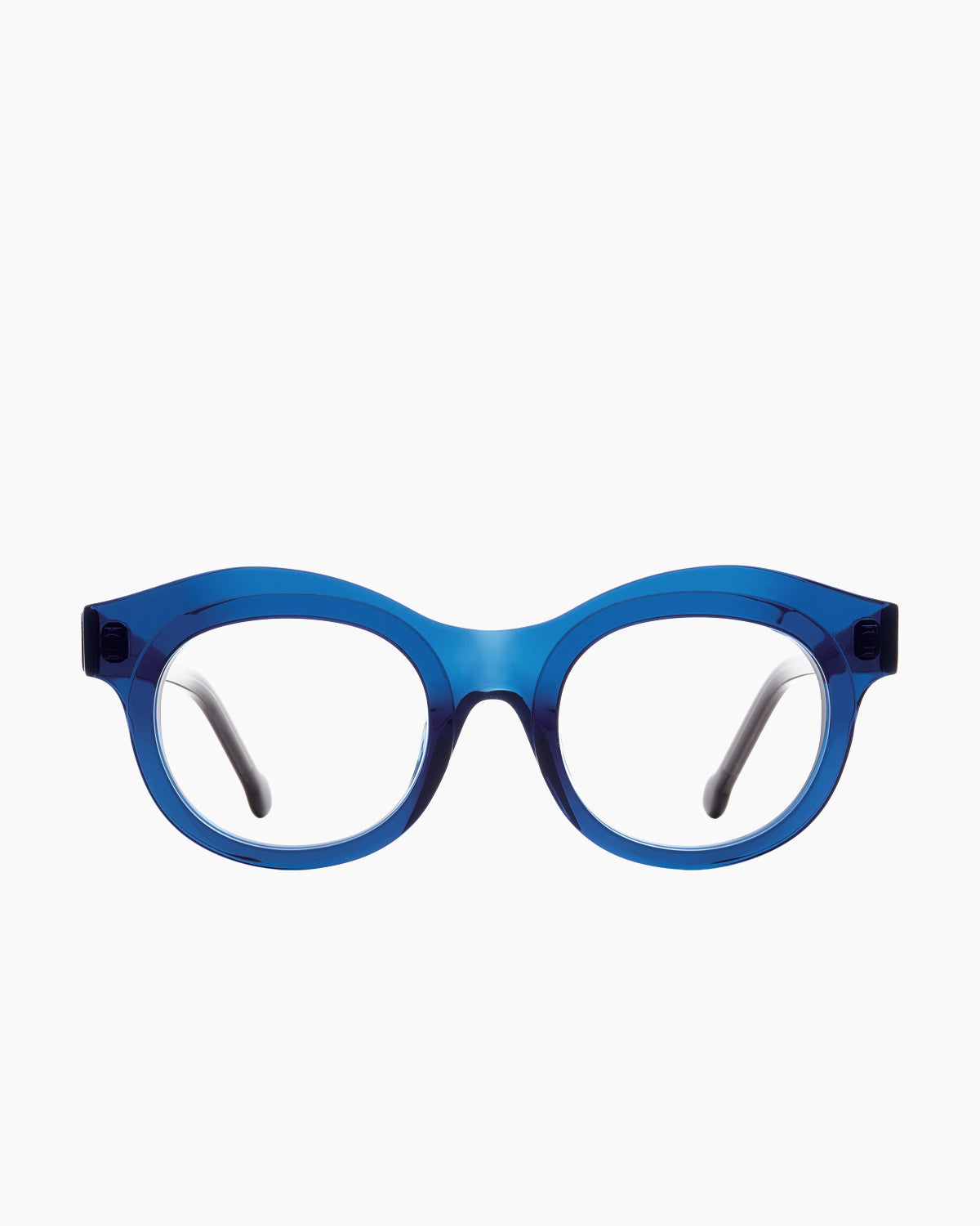 blue plastic round eyeglasses by Marie-Sophie Dion model Bibaud, front view, lunettes de vue rond couleur Bleu