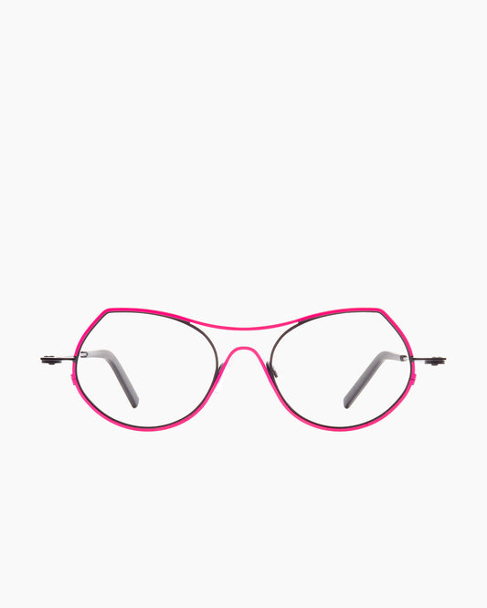 pink metal cat eyeglasses by Theo model Isobath, front view, lunettes de vue chat couleur rose