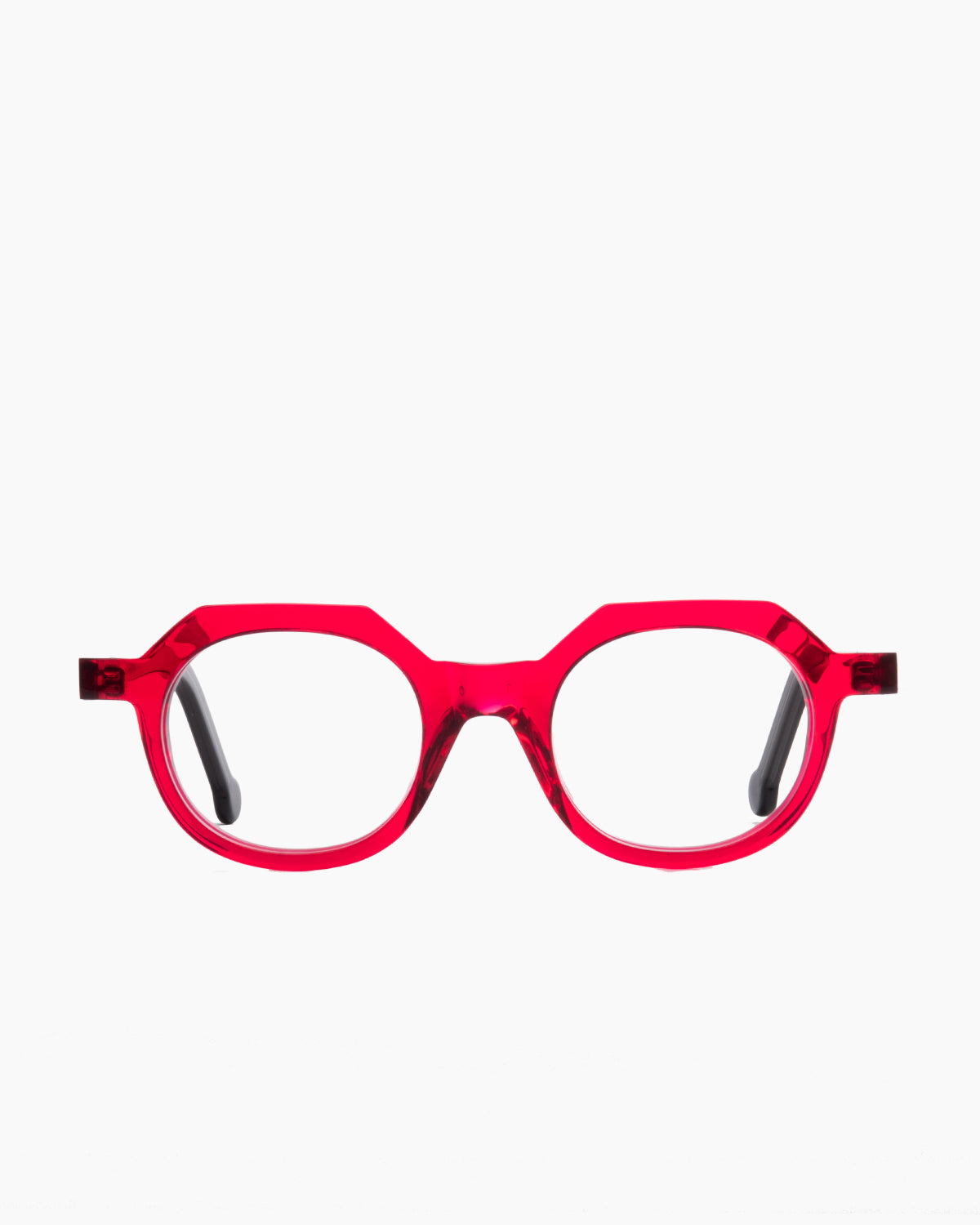 pink plastic round eyeglasses by Marie-Sophie Dion model Larouche, front view, lunettes de vue rond couleur rose