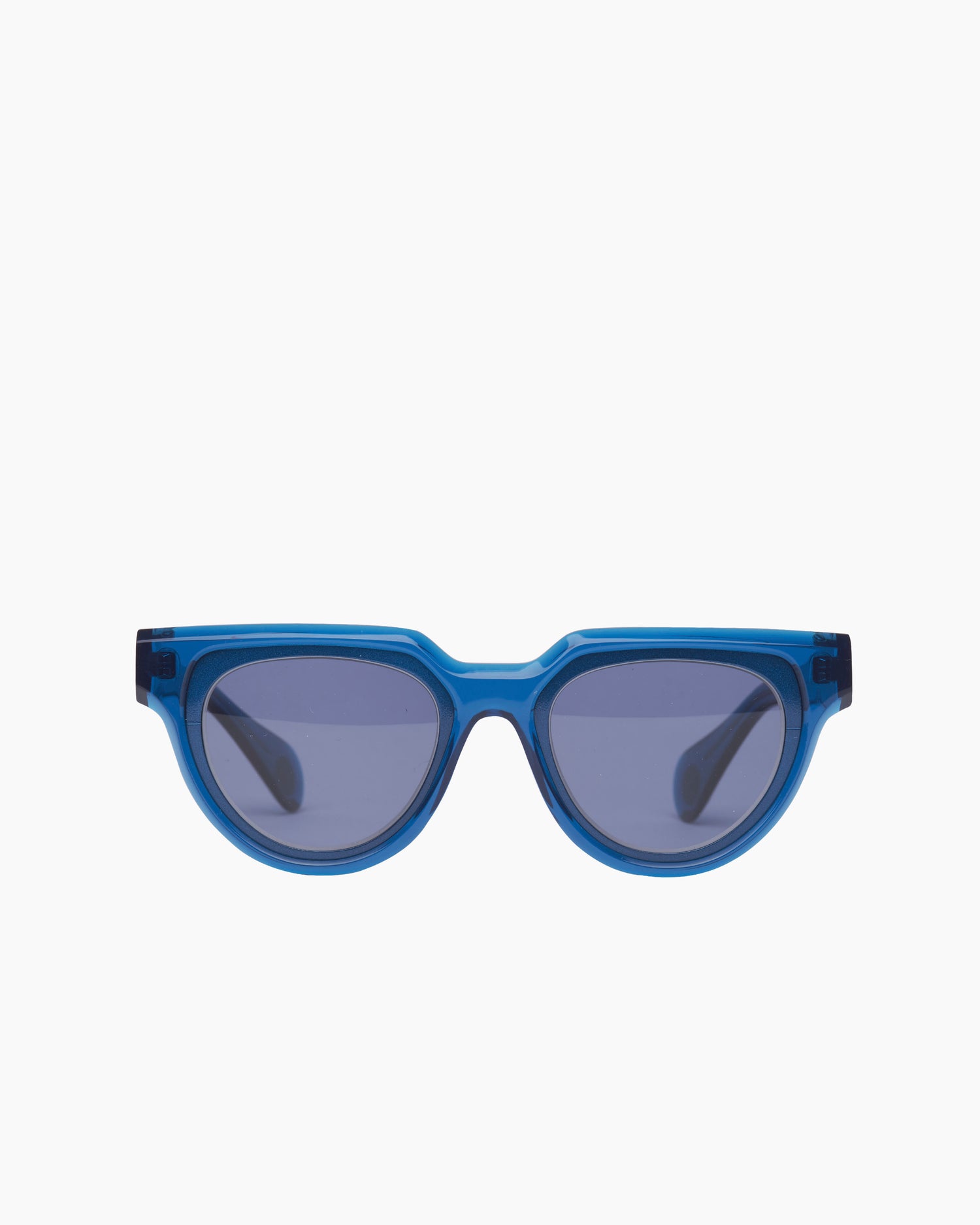 blue plastic round  sunglassesby Theo model Mille+91, front view, lunettes de vue rond couleur Bleu