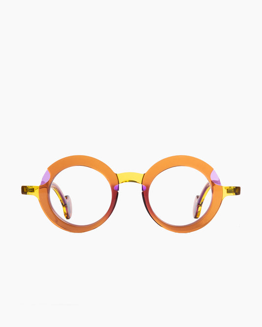 yellow plastic round eyeglasses by Theo model Sara, front view, lunettes de vue rond couleur jaune