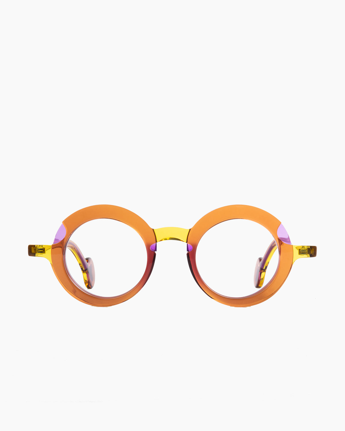 yellow plastic round eyeglasses by Theo model Sara, front view, lunettes de vue rond couleur jaune