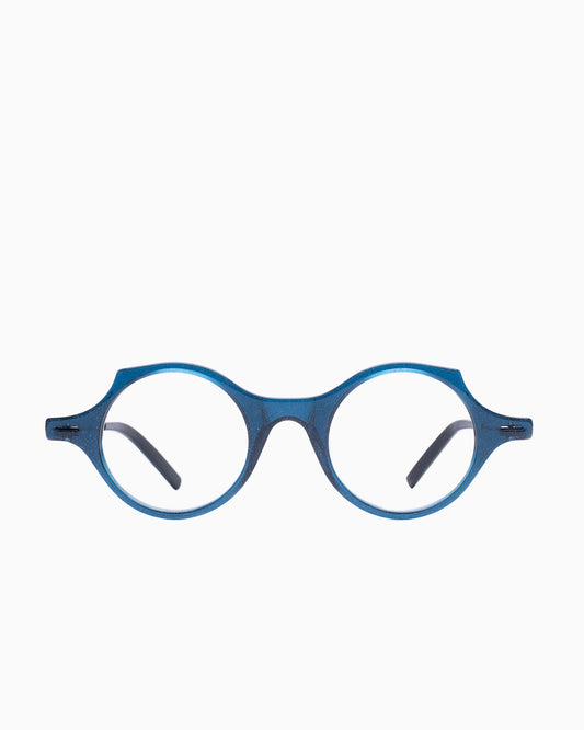 blue plastic round eyeglasses by Theo model patatas, front view, lunettes de vue rond couleur Bleu