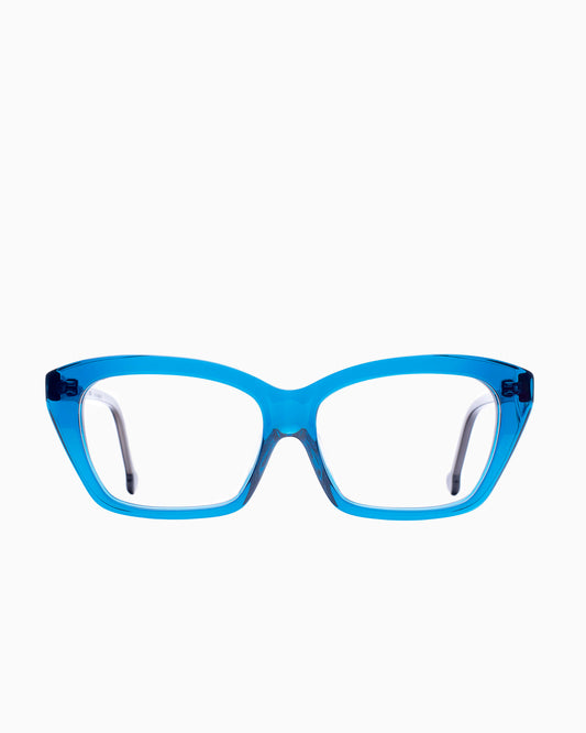blue plastic butterfly eyeglasses by Marie-Sophie Dion model Pageau, front view, lunettes de vue papillon couleur Bleu