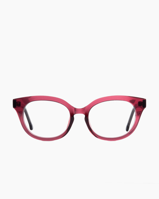 purple plastic cat eyeglasses by Marie-Sophie Dion model Gaudet, front view, lunettes de vue chat couleur violet