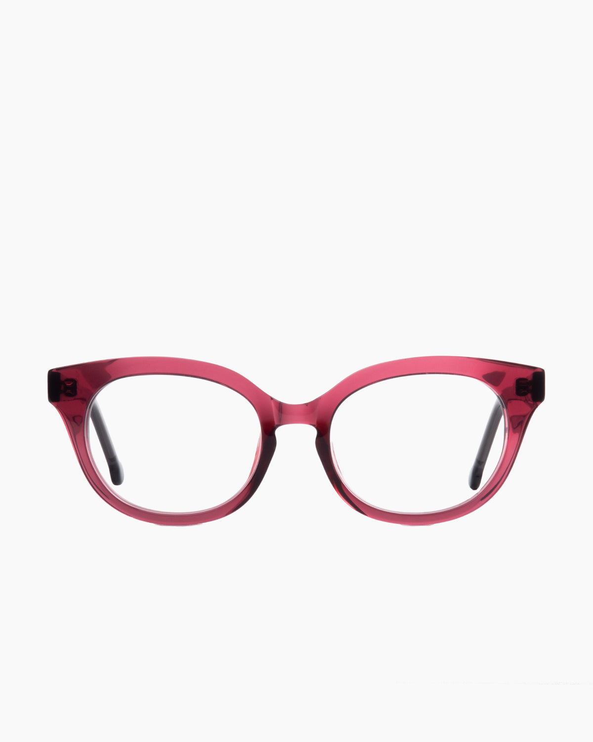 purple plastic cat eyeglasses by Marie-Sophie Dion model Gaudet, front view, lunettes de vue chat couleur violet