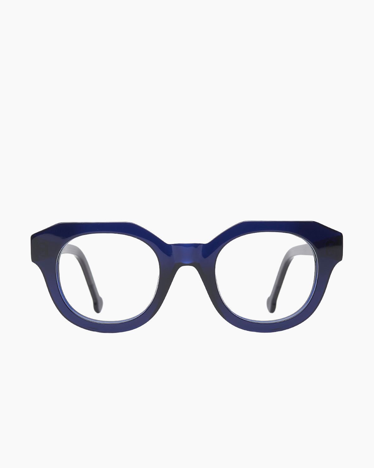 blue plastic round eyeglasses by Marie-Sophie Dion model Poitras, front view, lunettes de vue rond couleur Bleu