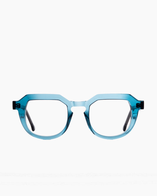 blue plastic round eyeglasses by Marie-Sophie Dion model Galviston, front view, lunettes de vue rond couleur bleu