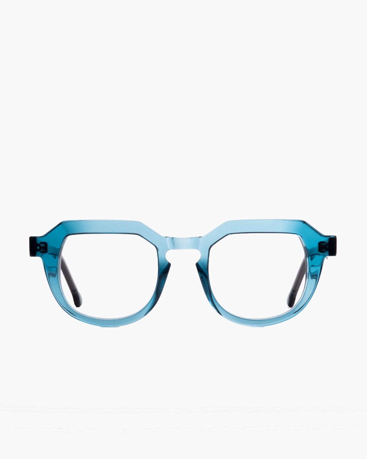 blue plastic round eyeglasses by Marie-Sophie Dion model Galviston, front view, lunettes de vue rond couleur bleu