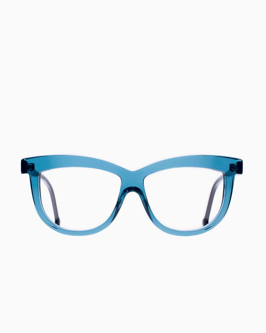 blue plastic cat eyeglasses by Marie-Sophie Dion model Elis, front view, lunettes de vue chat couleur Bleu