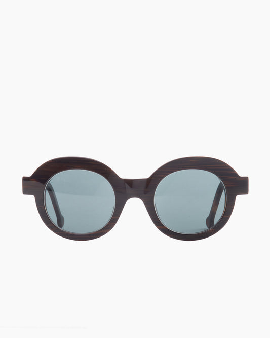 brown plastic round sunglassesby Marie-Sophie Dion model Latraverse1S, front view, lunettes de vue rond couleur brun