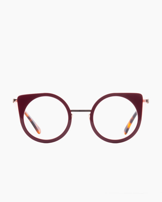 burgundy metal round eyeglasses by Gamine model Cat, front view, lunettes de vue rond couleur bourgogne