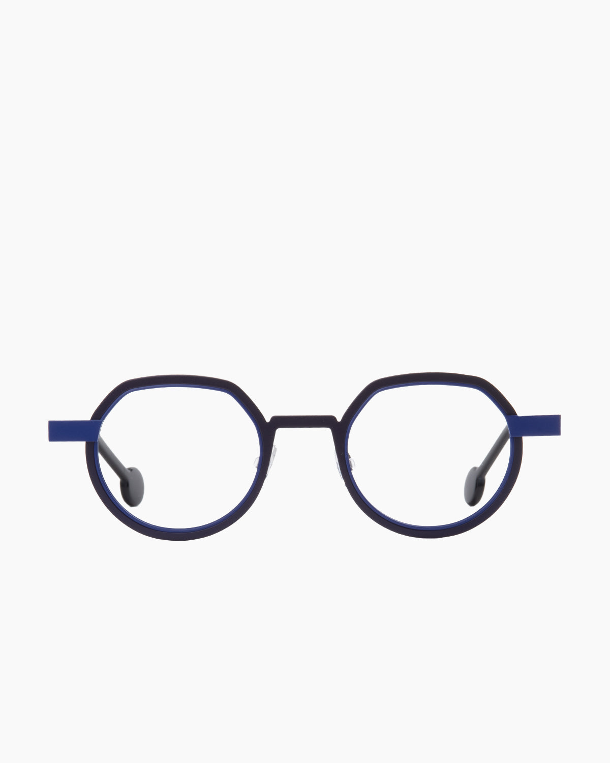 blue metal round eyeglasses by Anne et Valentin model wellwell, front view, lunettes de vue rond couleur bleu