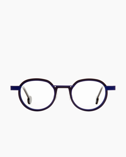 blue metal oval eyeglasses by Anne et Valentin model wellseen, front view, lunettes de vue ovale couleur bleu