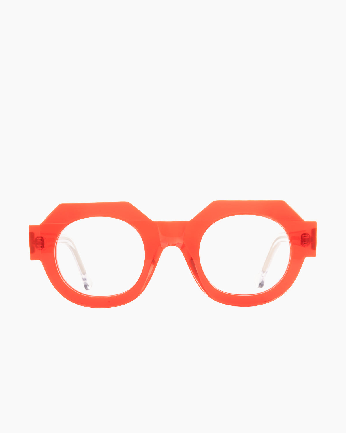 orange plastic round eyeglasses by Marie-Sophie Dion model Deltell, front view, lunettes de vue rond couleur Orange
