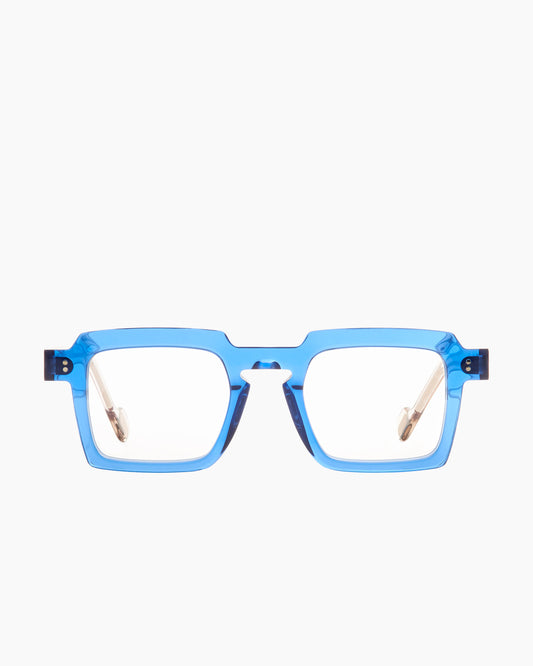 blue plastic rectangle eyeglasses by Anne et Valentin model David, front view, lunettes de vue rectangle couleur bleu
